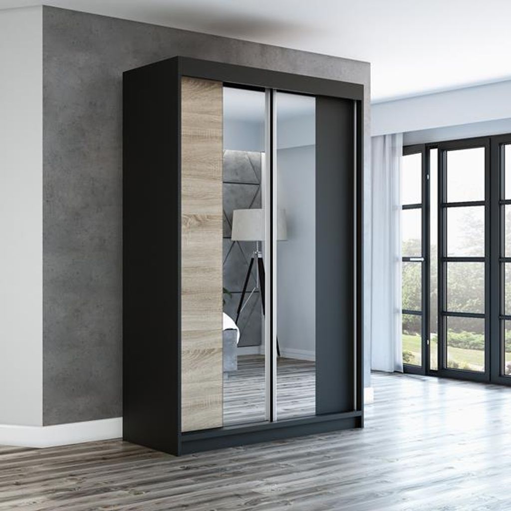 Schwebetürenschrank, 2-türig Schrank mit Spiegel! Moderne Garderobe für Kleidung. Verschiedene Farben (Weiß, Schwarz, Somona) Kleiderschrank NE...