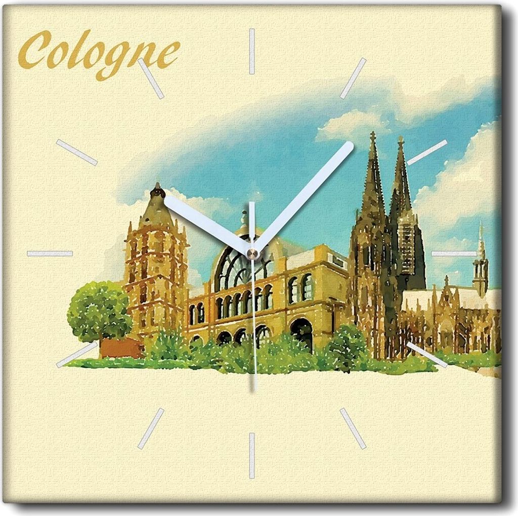 Coloray Uhr auf Leinwand 30x30 cm Wand Uhr Dekoration Wohnzimmer Segeltuch weiße Zeiger -Köln Stadtwasser
