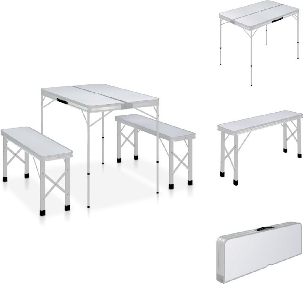 vidaXL Klappbarer Campingtisch mit 2 Sitzbänken Aluminium Weiß - Campingmöbel
