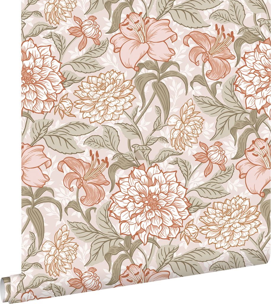 ESTAhome Tapete Blumenmuster Altrosa und Grün 53 cm x 10.05 m