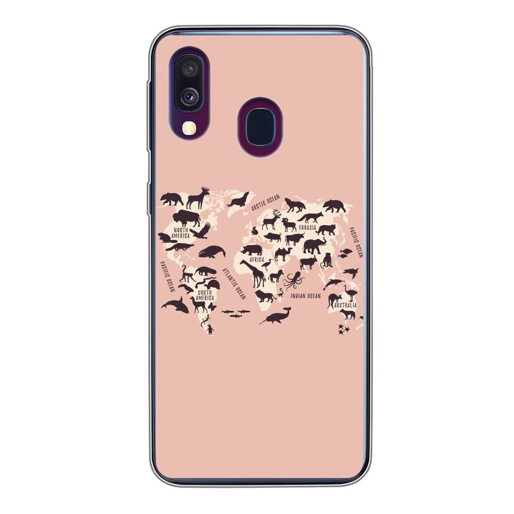 MuchoWow Handyhülle Schutzhülle Hülle für Samsung Galaxy A40 Weltkarte - Tiere - Scherenschnitt Silikon Softcase Handy Hülle - Handy-Tasche