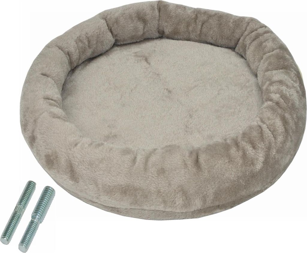 A round, plush pet bed with raised edges and two metal bolts in the lower left corner, set against a white background.