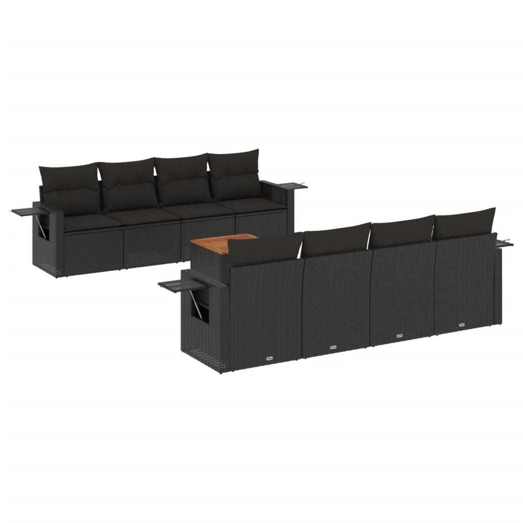 vidaXL 9-tlg. Garten-Sofagarnitur mit Kissen Schwarz Poly Rattan
