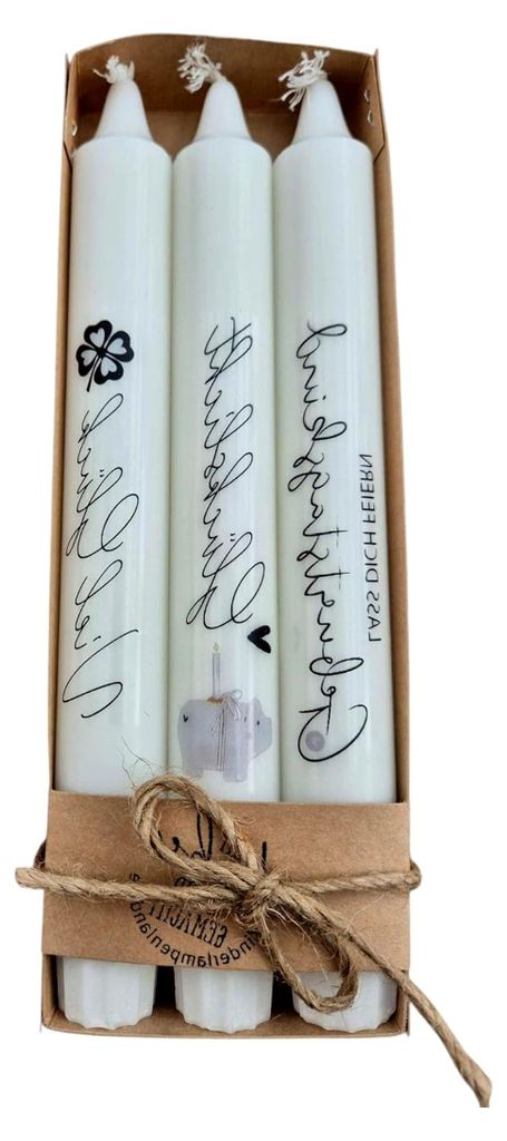 Kerzenset für Geburtstagsfeiern – 3 weiße Stabkerzen mit Sprüchen in Geschenkverpackung – stilvolle Tischdekoration und Geschenkidee