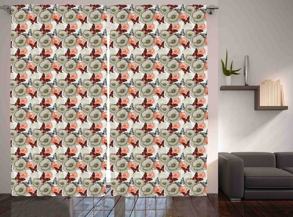 ABAKUHAUS Garten Rustikaler Gardine, Mohnblumen und Schmetterlinge, Schlafzimmer Kräuselband Vorhang mit Schlaufen und Haken, 280 x 175 cm, Orange...