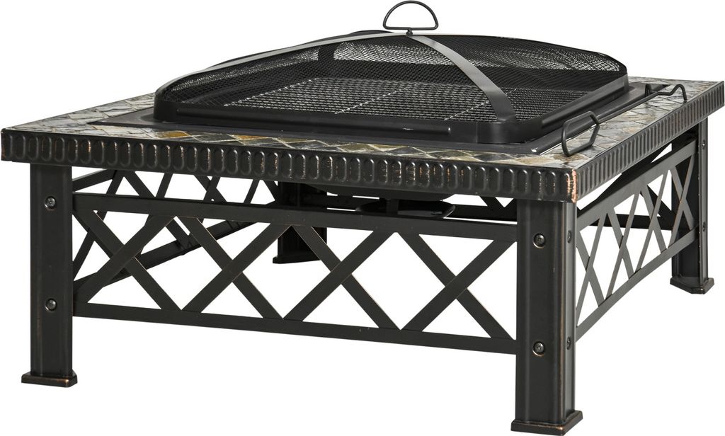 3-in-1 Feuerschale Feuerkorb Feuerstelle mit Funkenschutz, Grillrost & Eiskübel für Garten BBQ Schwarz 76x76x47cm