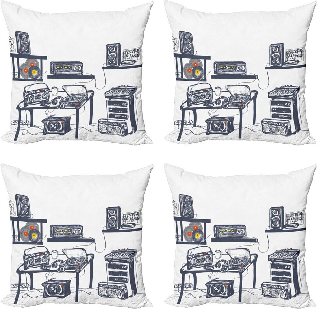 ABAKUHAUS Modern Kissenbezug Set (4 Stück), Musikgeräte Plattenspieler, Moderner Doppelseitiger Digitaldruck, 50 cm x 50 cm, Kadettenblau