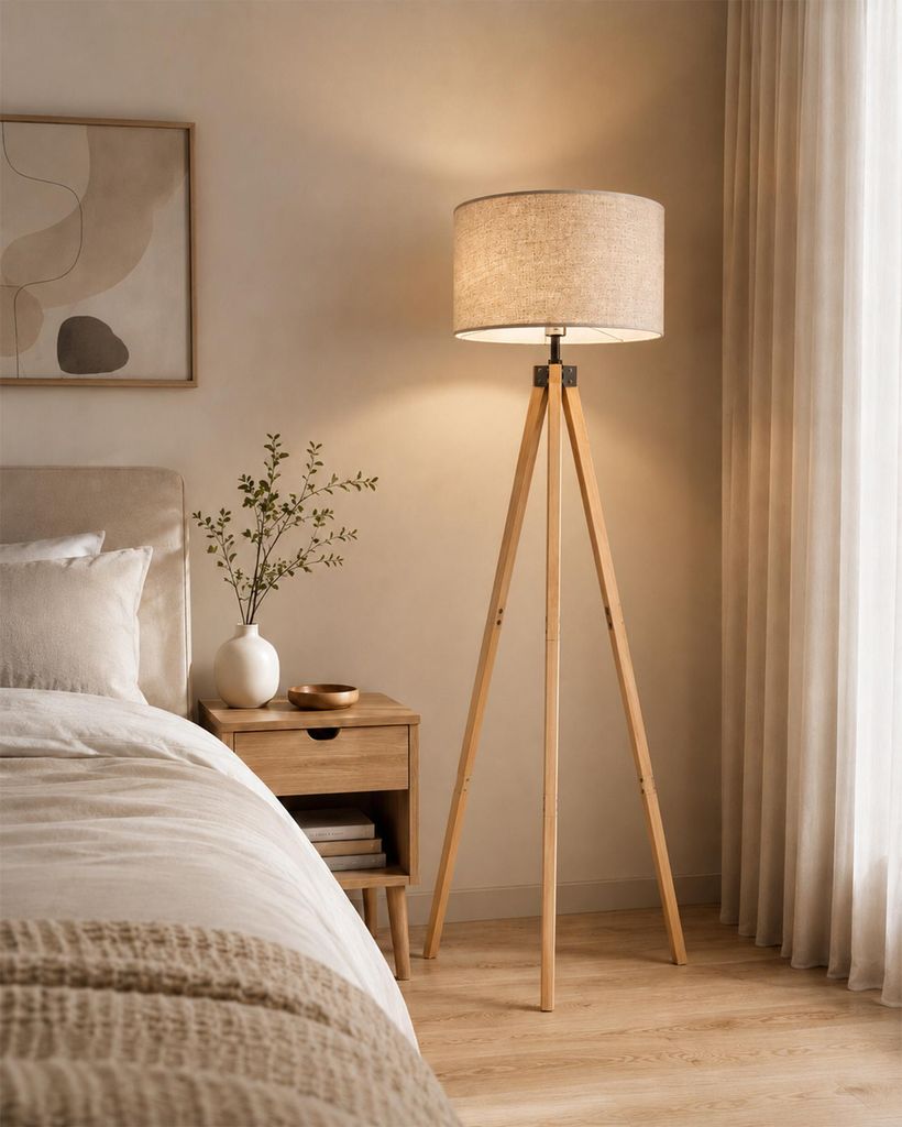 Stehlampe wohnzimmer Leselampe Stehleuchte Stativ aus Holz, Produktbild 