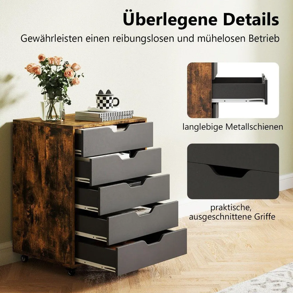 Caisson de bureau mobile bois brun 5 tiroirs pour dossiers - L40cm