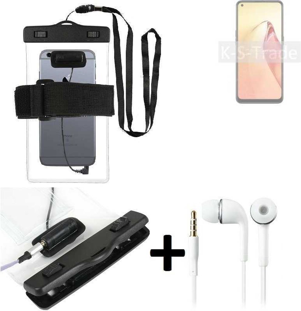 K-S-Trade Wasserdichte Hülle + Kopfhörer kompatibel mit Oppo F21s Pro 5G transparent Jogging Armband Wasserfeste Handy Hülle beach bag outdoor
