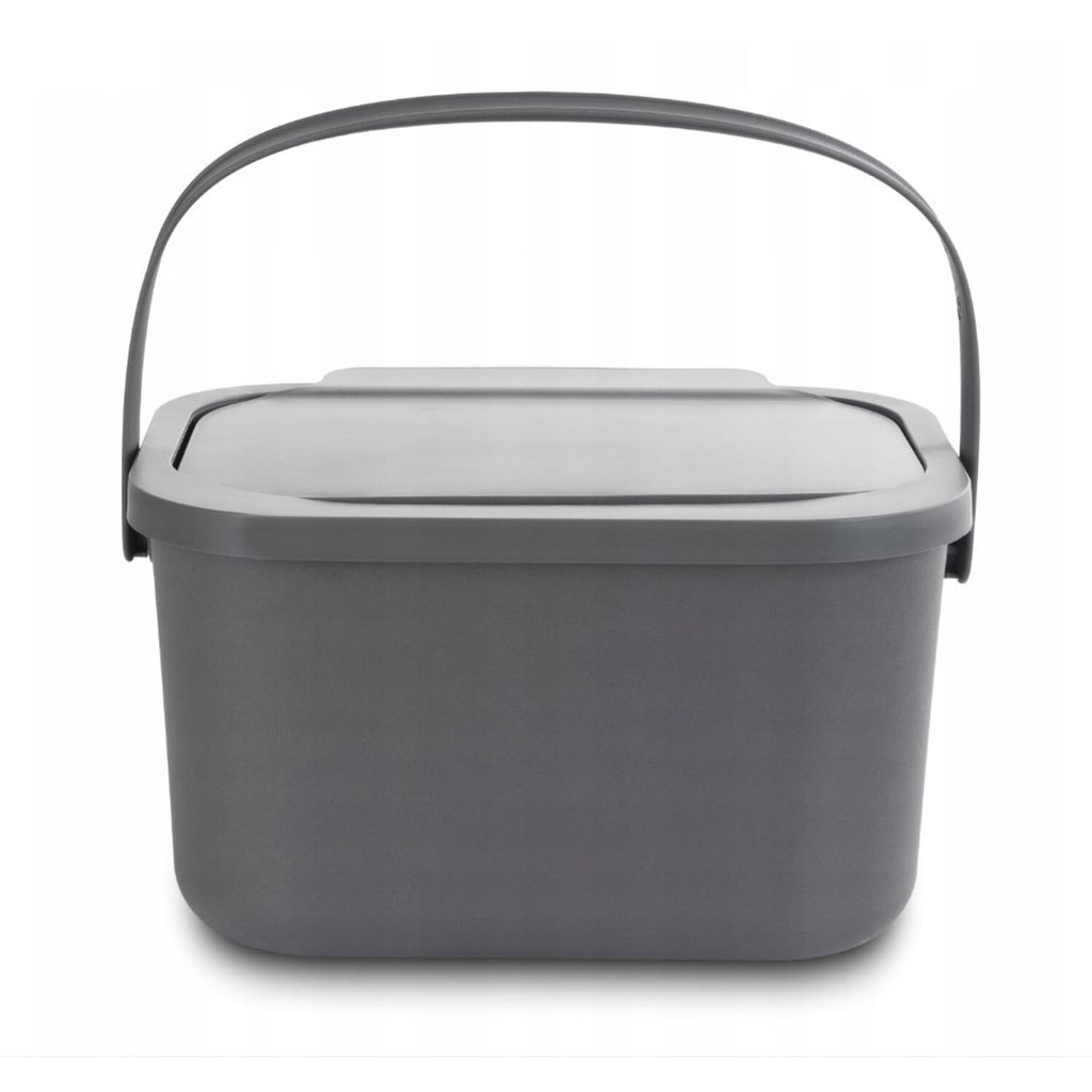 A gray compost bin with a lid and handle, shown from the front on a white background.