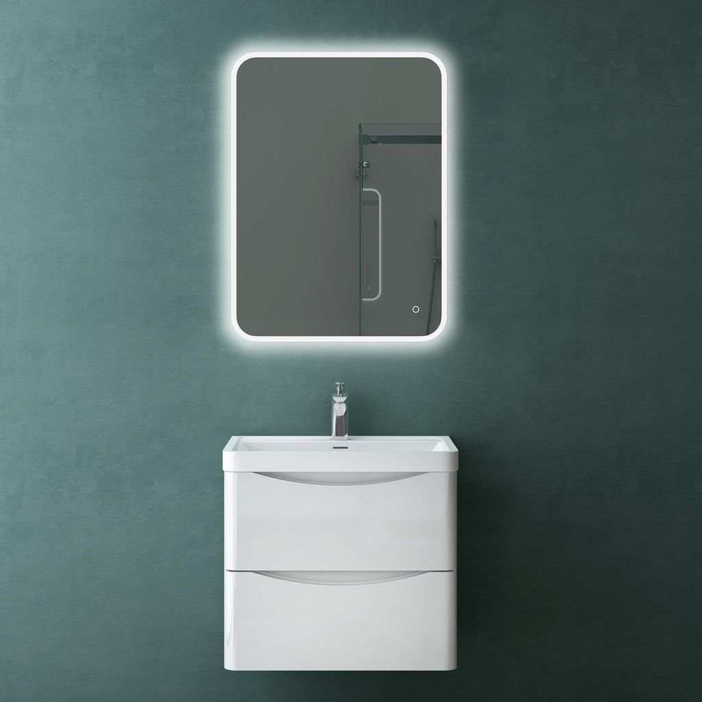 Mai & Mai Badezimmermöbel Waschbeckenunterschrank mit Softclose Schubladen inkl. Waschbecken LED-Badspiegel 60cm in Weiß Badmöbel-Set Smile