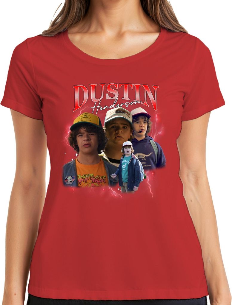 Dustin Henderson Stranger Fan Geschenk Retro 80er Vintage Hawkins Damen T-Shirt, Rot, XXL
