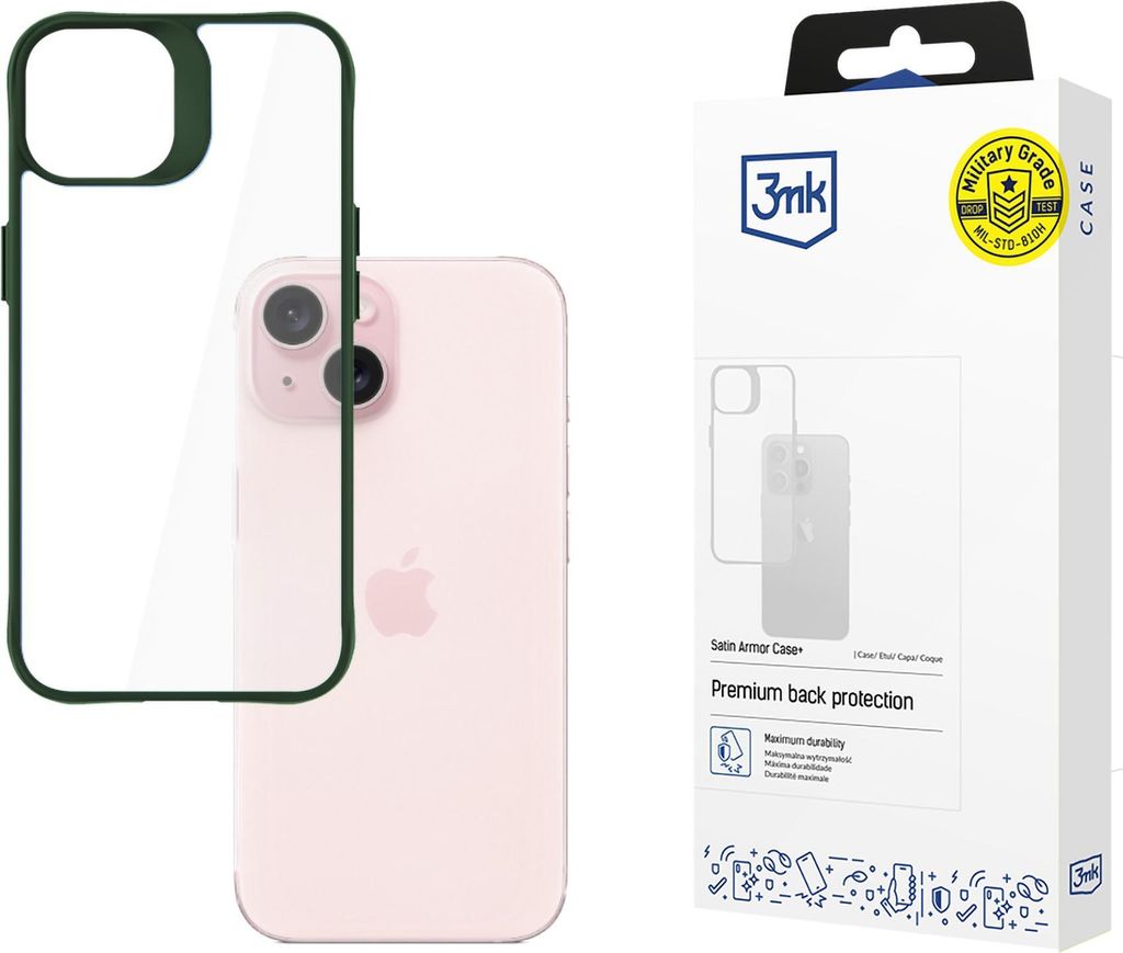 3MK Satin Armor Case+, Cover, Apple, iPhone 15, 15,5 cm (6.1"), Grün, Transparent