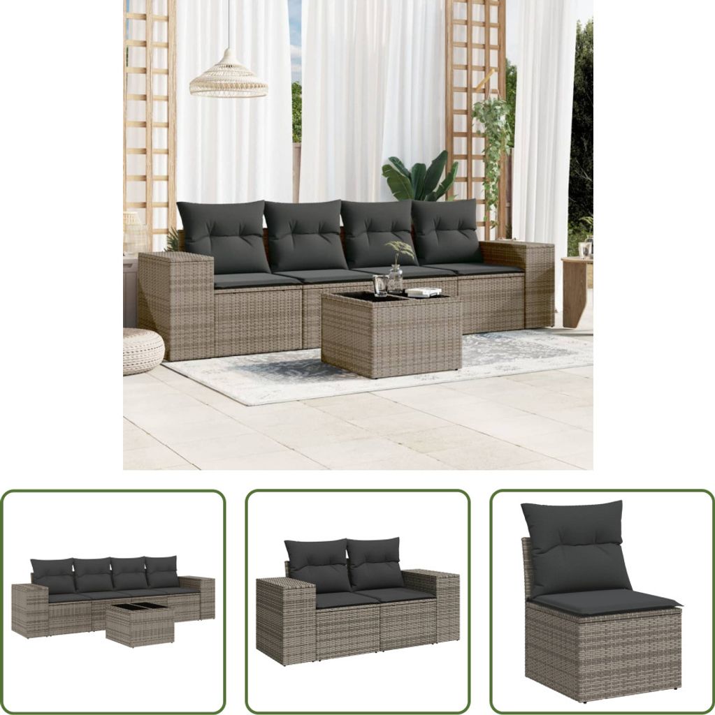 The Living Store 5-tlg. Garten-Sofagarnitur mit Kissen Grau Poly Rattan