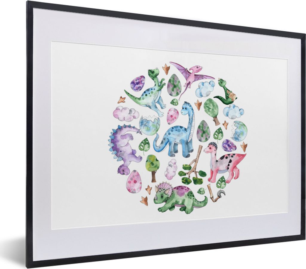 MuchoWow Gerahmtes Poster Kinderzimmer - Kreis - Dinosaurier - Jungen - Mädchen - Kinder 40x30 cm - Poster mit Schwarzem Bilderrahmen Wandposter...
