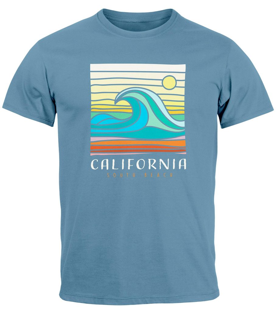 Herren T-Shirt California South Beach Welle Wave Surfing Print Aufdruck Fashion Streetstyle Neverless stone blue M