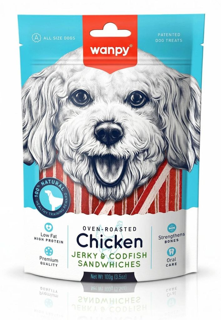 WANPY für Hunde: Chicken Jerky & Codfish Sandwiches 100 g Produktbild 