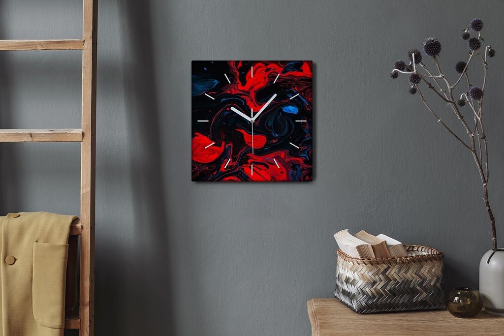 Coloray Hodiny Unikátní 30x30 cm Tiché hodiny Pro obývací pokoj a kuchyň Nástěnné hodiny Plátno Bílé ručičky hodin - Červená skvrna