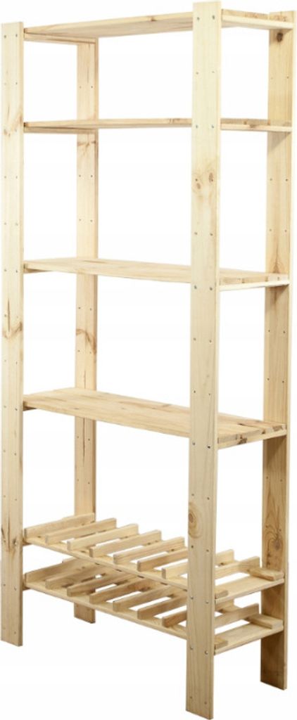 Holzregal WOODLAND | HxBxT 166x80x30cm | Fachlast 120kg | 4 Fachboden + 2 Flaschenebenen | Kiefernholz | Natur
