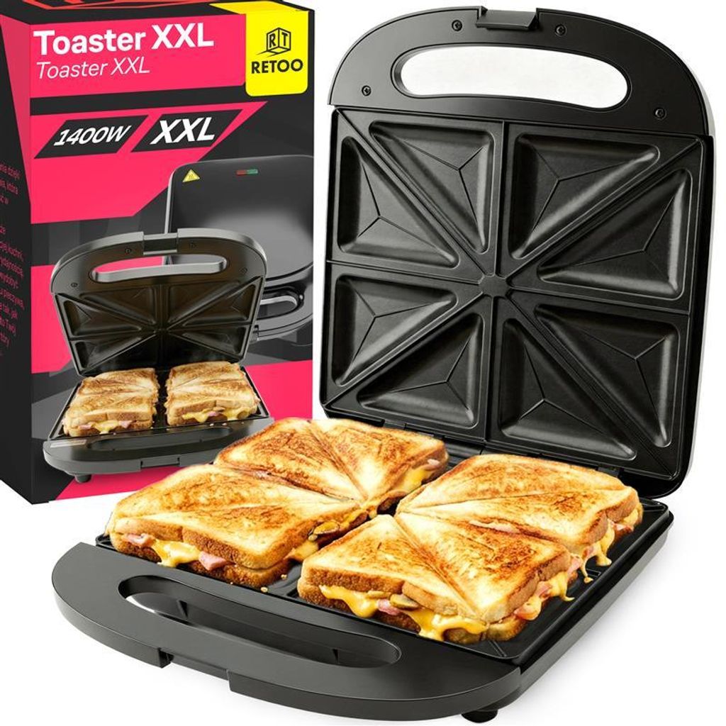 Sandwichmaker XXL Sandwichtoaster 1400W Sandwich Toaster Antihaftbeschichtung Sandwich-Maker für 4 Toasts Grill amerikanische Sandwiches, Retoo