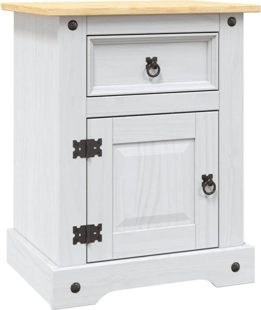 A white wooden nightstand with a single drawer and a cabinet door, set against a white background.