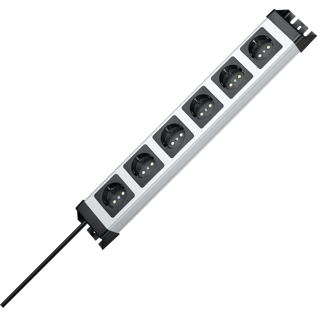 A power strip with six outlets is shown against a white background.