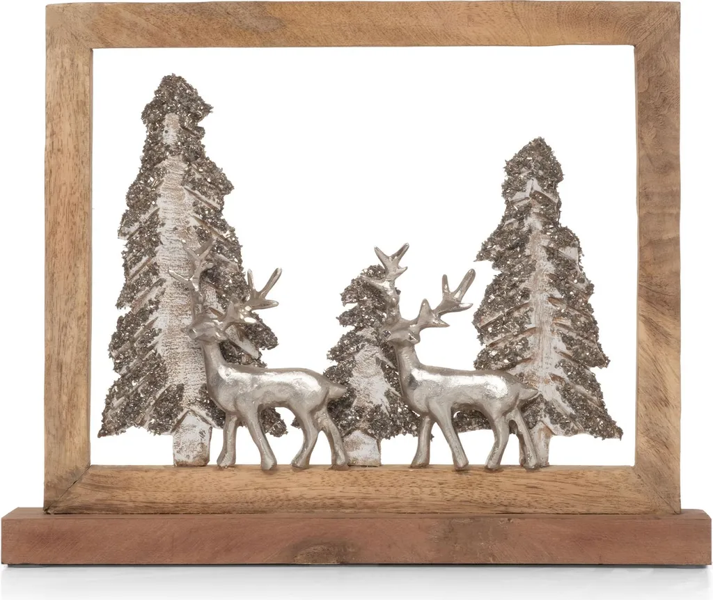 Décor de Noël en Bois de Manguier avec Cerfs Scintillants Alu 41cm