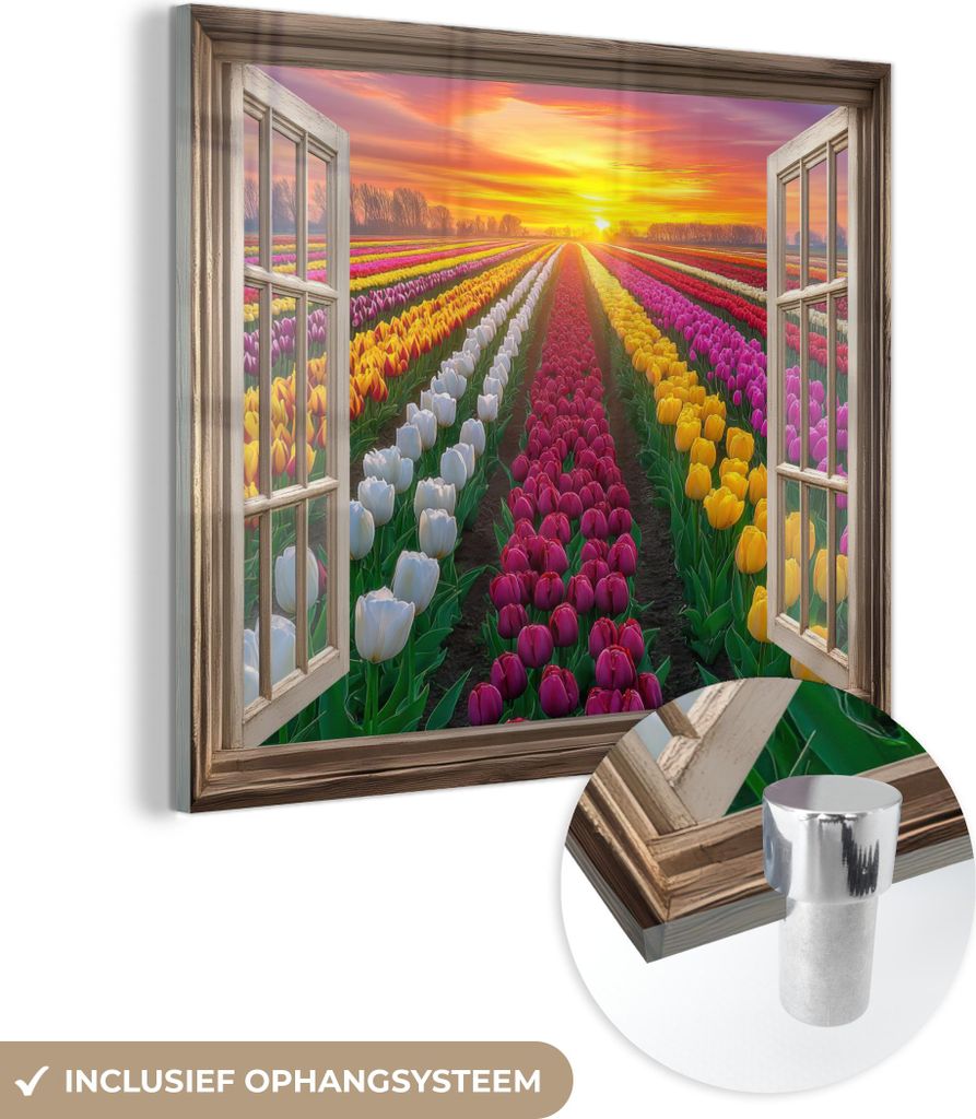 MuchoWow Glasbilder - Bilder auf Wandbild - Foto auf Glas Ausblick - Blumen - Tulpen - Bunt - Sonnenuntergang 40x40 cm Wanddekoration aus Glas - Ac...