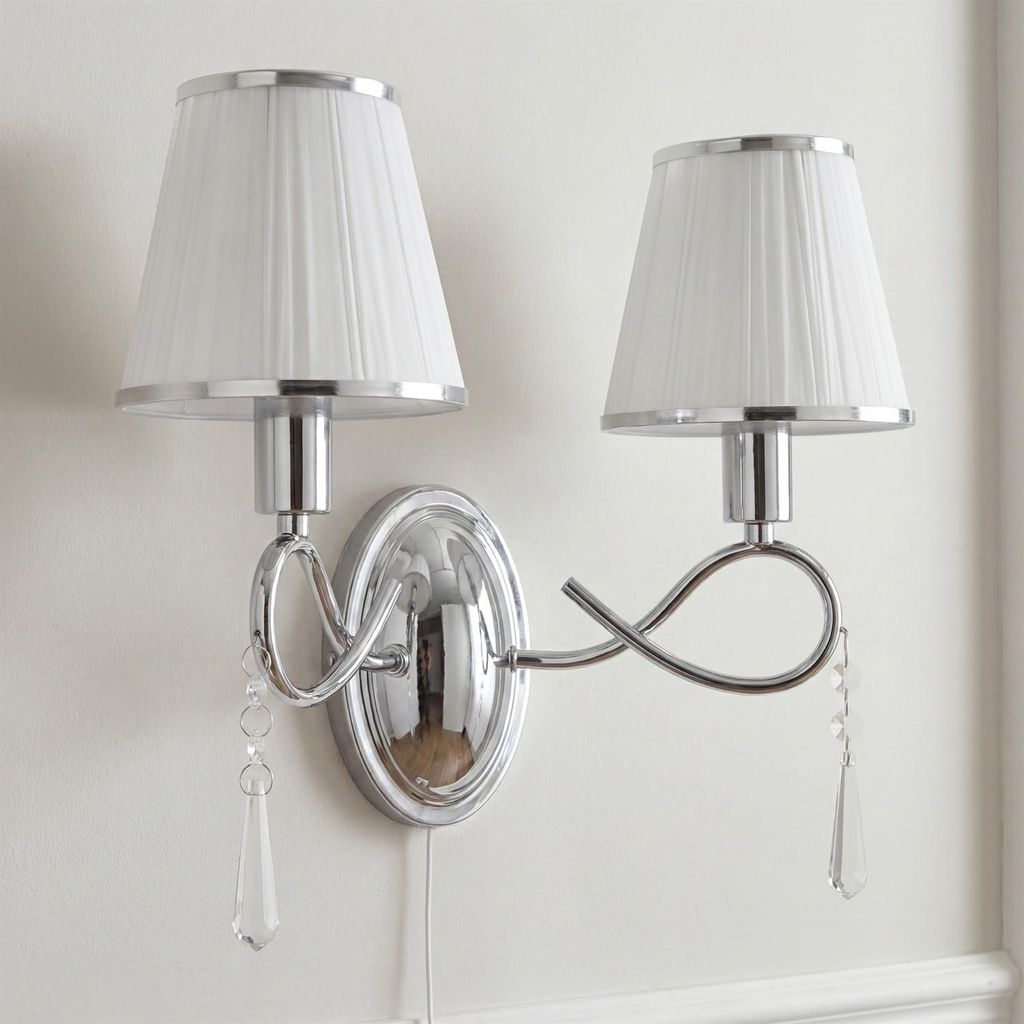 Wandleuchte Stoff Metall B: 36,5 cm Wandlampe mit Schalter Chrom Weiß 2-flammig E14 Schlafzimmerlampe