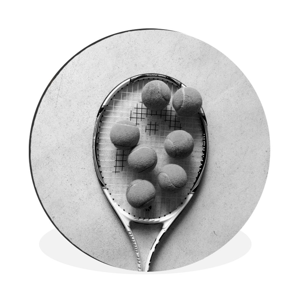 MuchoWow Aluminium Wandkreis Tennisschläger mit vielen Tennisbällen - schwarz und weiß Ø 60 cm Wanddeko Modern Wohnzimmer - Wand Kreis - Wand...