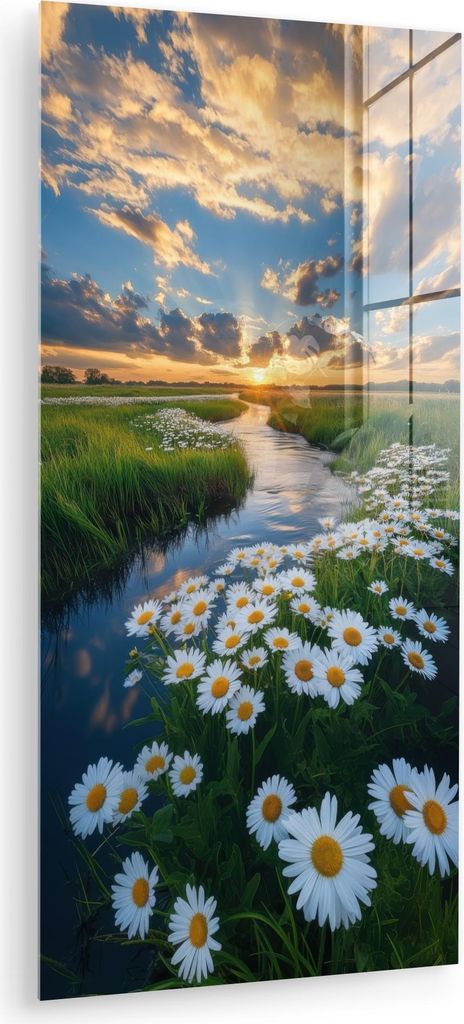 MuchoWow Glasbilder - Bilder auf Wandbild - Foto auf Glas Strom - Landschaft - Gänseblümchen 60x120 cm Wanddekoration aus Glas - Acrylglasbild - ...