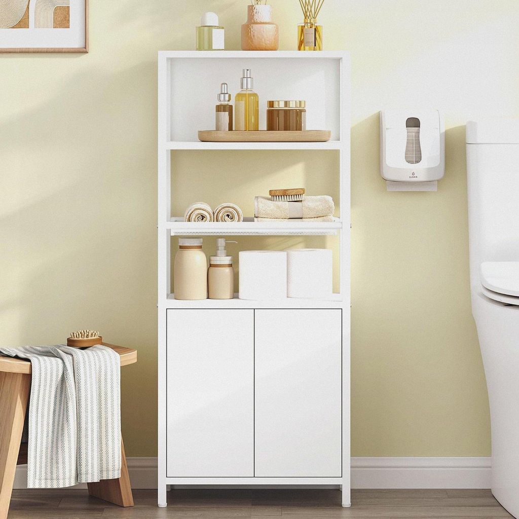 Badezimmerschrank Badschrank mit 2 Türen & offenem Regal, Küchenschrank, Belüftete Metallgitter-Ablage, Verstellbares Regal, für Badezimmer, Wo...