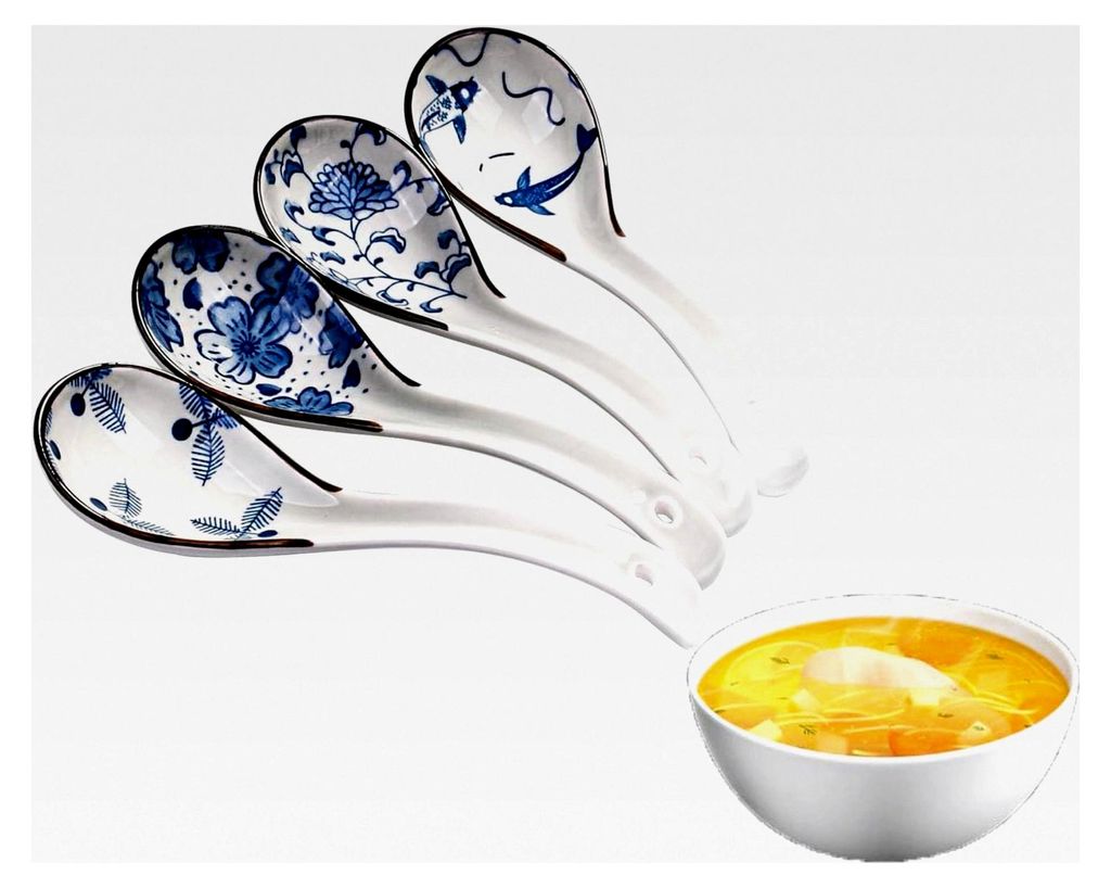 4 Stück Asiatische Suppenlöffel, Einzigartige Muster, Keramiklöffel mit langem Griff für Knödel, Reisnudeln, Wonton, Nudeln und Suppen