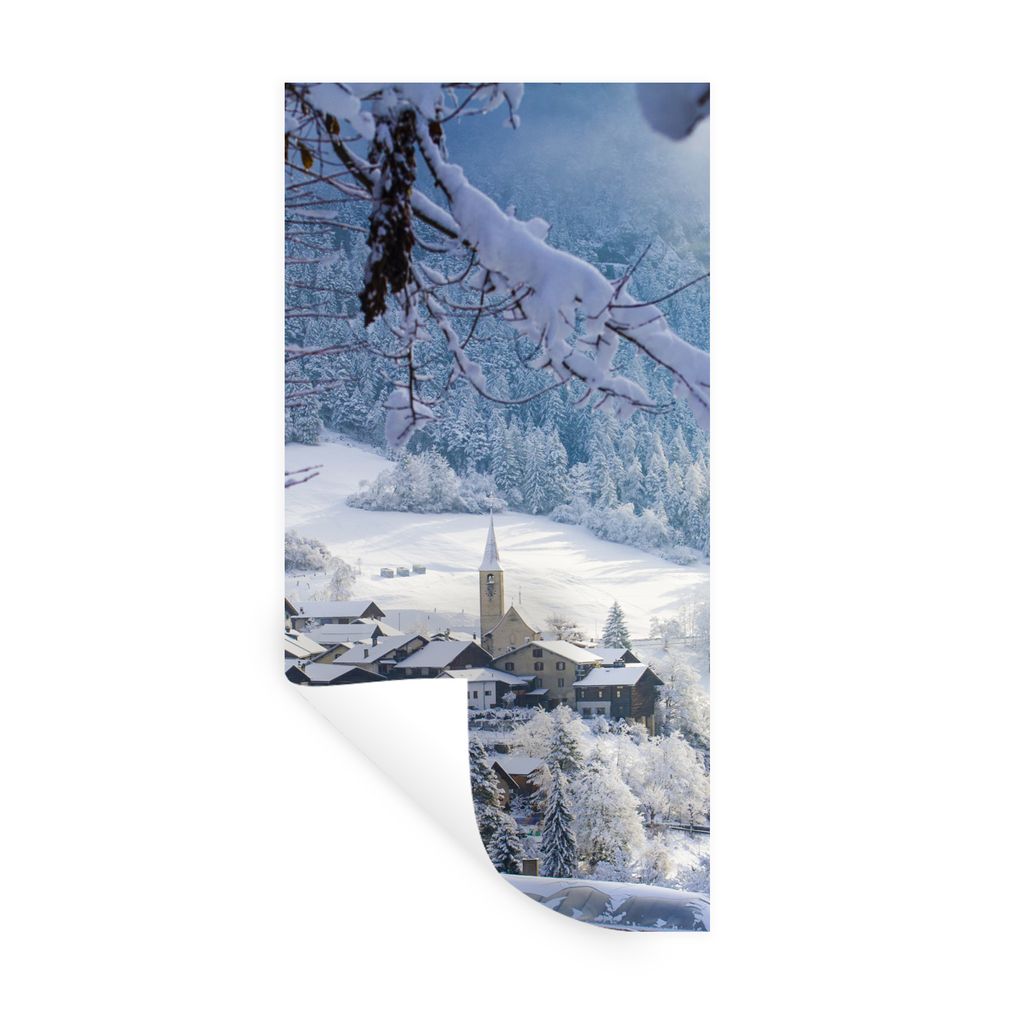 MuchoWow Wandtattoo Wandsticker Wandaufkleber Alpen - Schnee - Dorf 80x160 cm Selbstklebend und Repositionierbar - Sticker - Dekorfolie