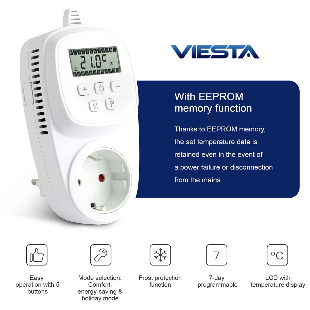 VIESTA® TH12 Termostat Gniazdkowy – Programowalny 7 Dni, Zdjęcie produktu 