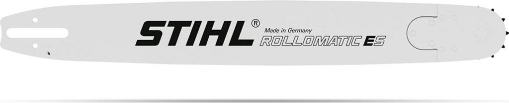 A white chainsaw guide bar with the STIHL logo and product details printed on it, presented on a white background.