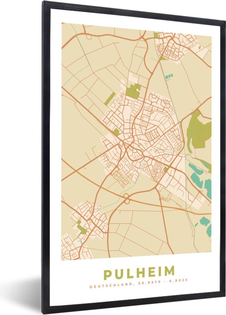 MuchoWow Gerahmtes Poster Karte - Pulheim - Stadtplan - Vintage - Karte 60x90 cm - Poster mit Schwarzem Bilderrahmen Wandposter Rahmen Foto Bilde...