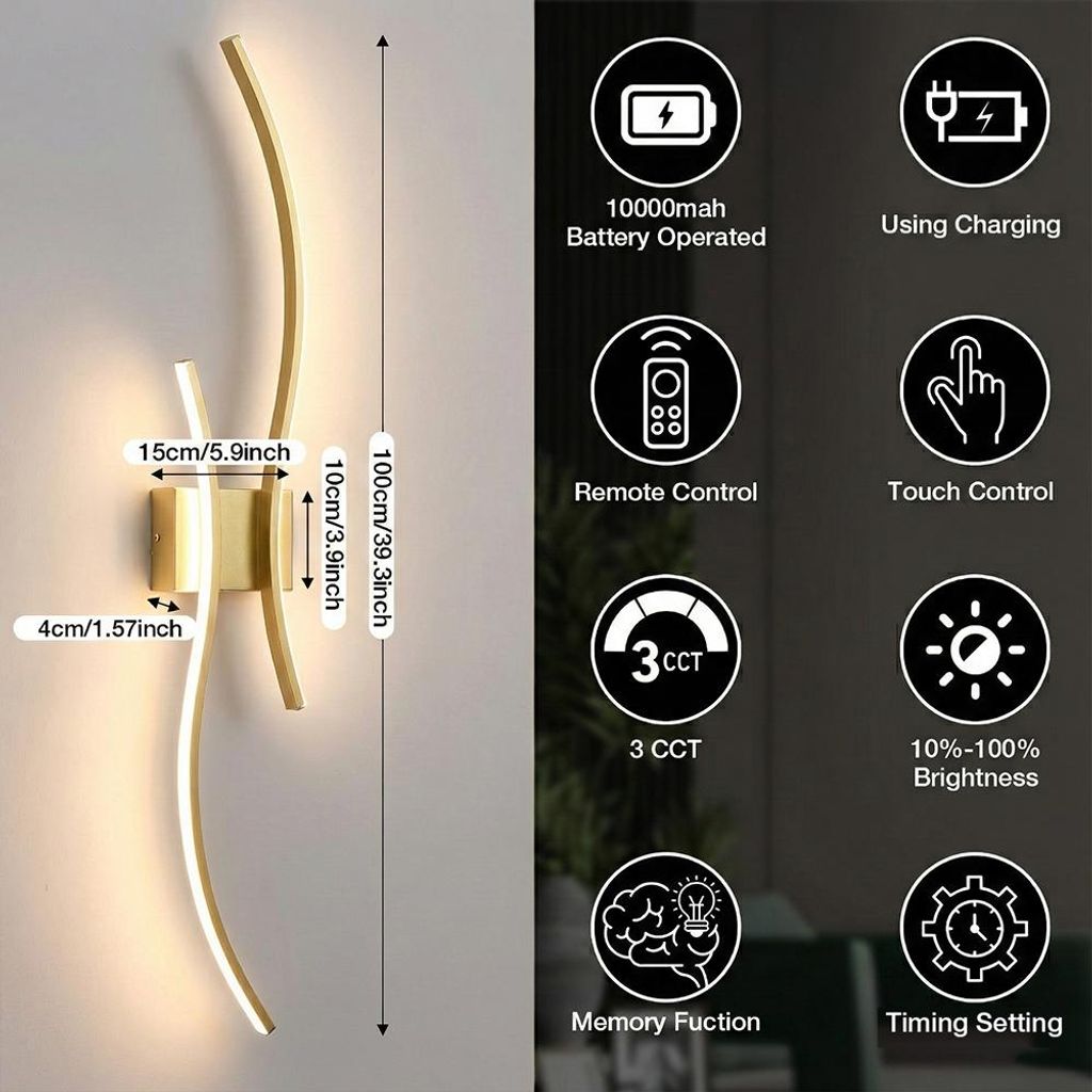 Wandlampe ohne Stromanschluss LED Akku Wandleuchte mit Fernbedienung 100cm Dimmbar USB