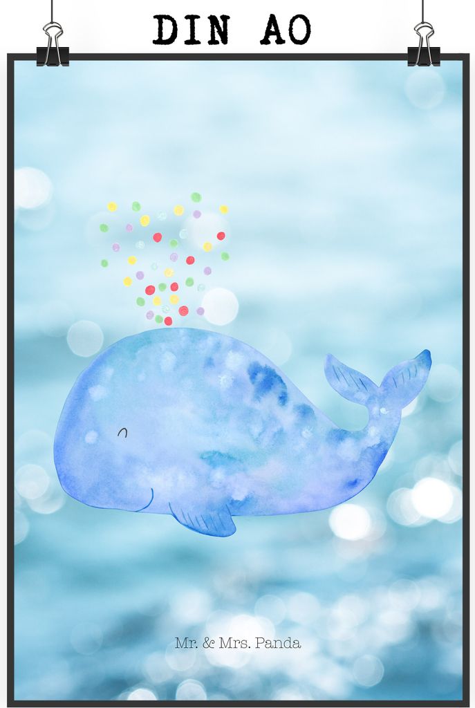 Mr. & Mrs. Panda Bild Wal Konfetti DIN A0 - Oceanblue - Geschenk, Meer, Wale, drucke, Geburtstag, Abnehmen, wanddeko, Wandbild, Plakat, Kunstdruck,...