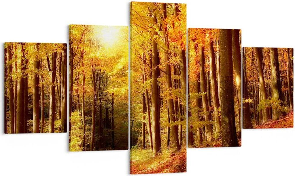 Bild auf Leinwand - Leinwandbild - Pfad Blätter Wald - 125x70cm - Wand Bild - Wanddeko - Wandbilder - Leinwanddruck - Bilder - Kunstdruck - Wandde...