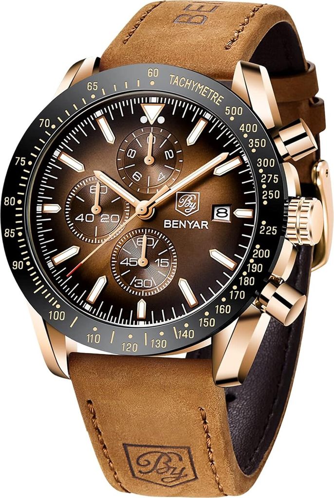A close-up of a men's chronograph watch with a brown dial and a brown leather strap.
