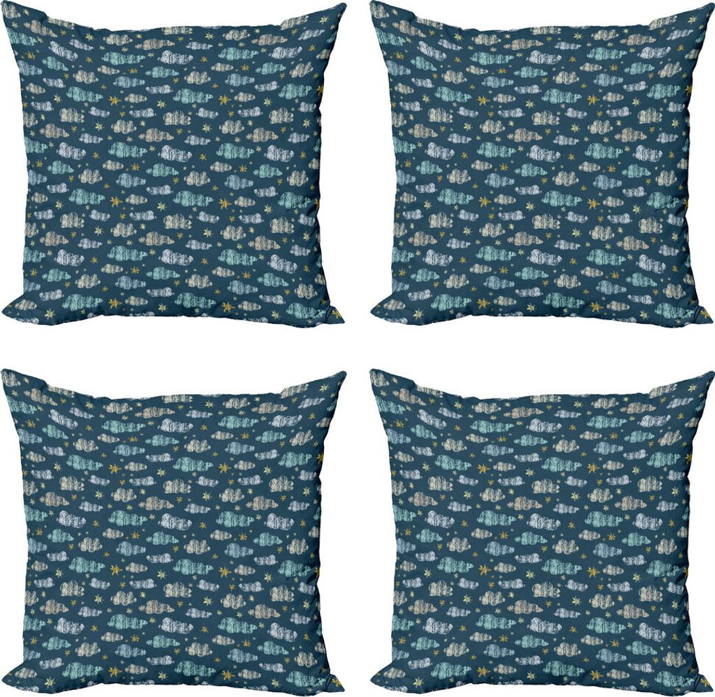ABAKUHAUS Kindergarten Kissenbezug Set (4 Stück), Grunge Wolken und Sterne, Moderner Doppelseitiger Digitaldruck, 40 cm x 40 cm, Petrol Blau Blass...