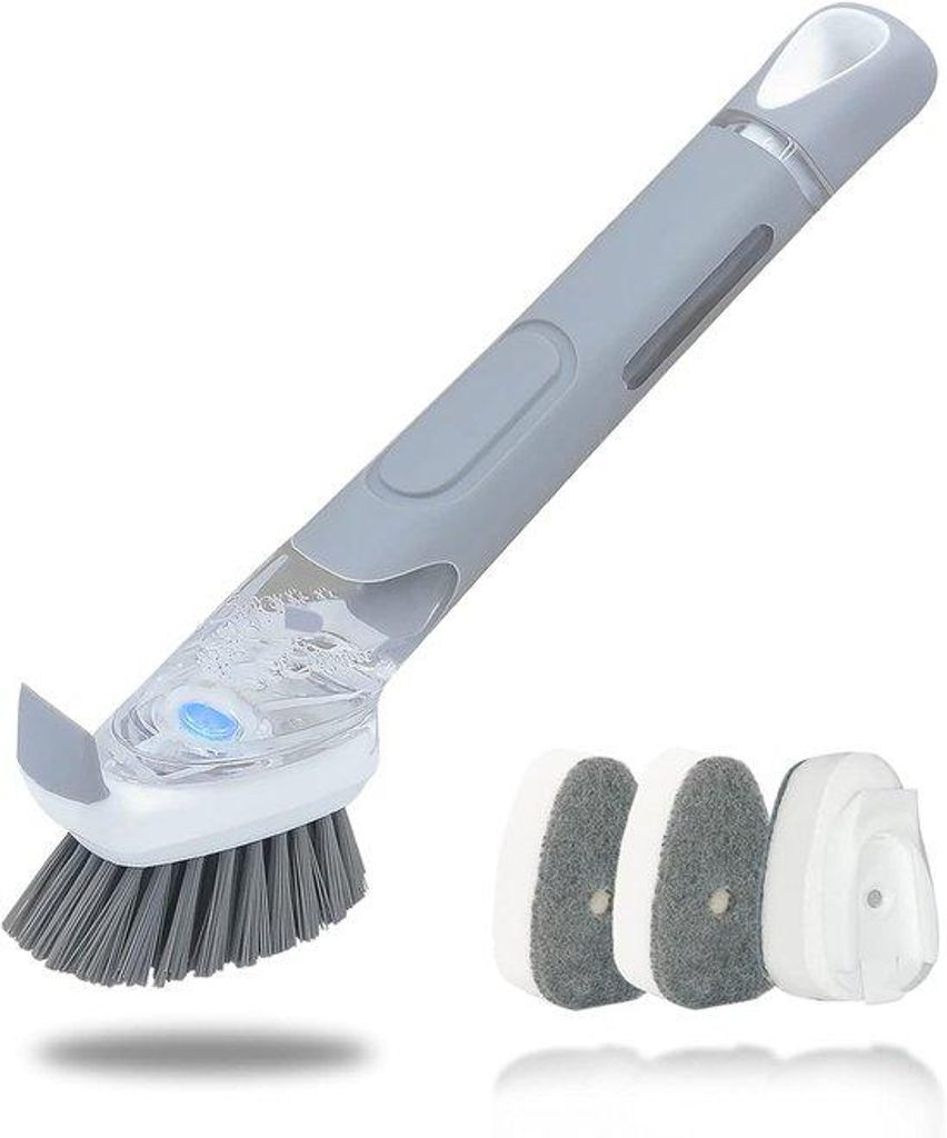 Famanu Spülbürste mit Seifenspender und 3 Spülschwämmen - Set mit Griff für Zuhause