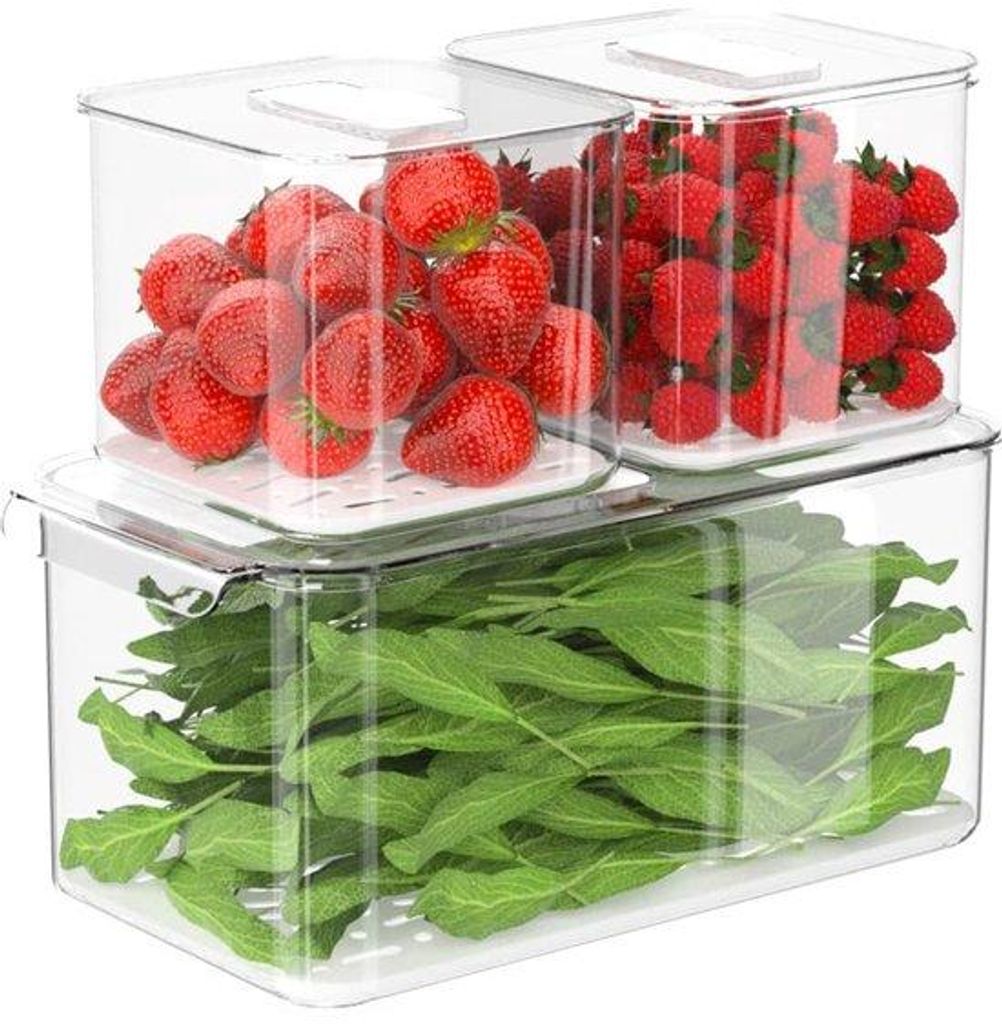 Kühlbox-Set, 3er Pack, stapelbare Küchen-Organizer, mit abnehmbarem Leckschutz, für frische Lebensmittel.