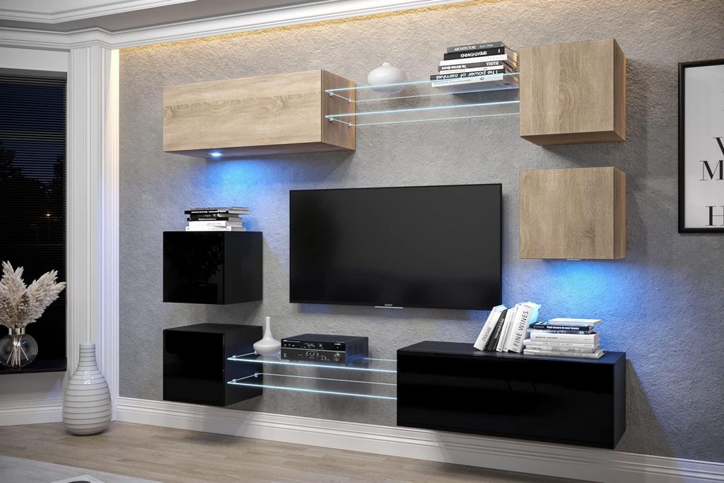 Furnitech Wohnwand Wohnzimmer - Wohnzimmer Möbel mit LED Blau - Hängend Wohnwand Modern - Regale und TV Schrank (AN65N-21SB-HGM8)
