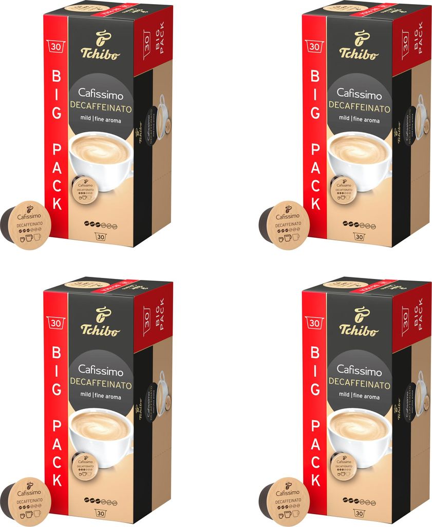 Tchibo Cafissimo Caffè Crema entkoffeiniert Kaffeekapseln, 120 Stück – 4x30 Kapseln (Kaffee, mild mit feinem Aroma), nachhaltig & fair gehandelt