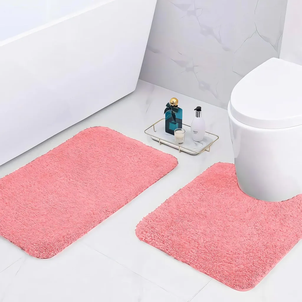 Tapis de bain microfibre rose 50x80cm + 50x50cm, Ultra-doux et Absorbant