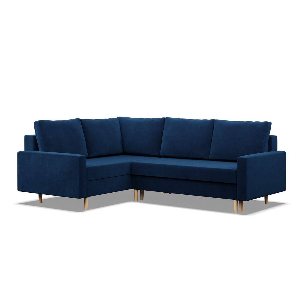 A dark blue sectional sofa on a white background.