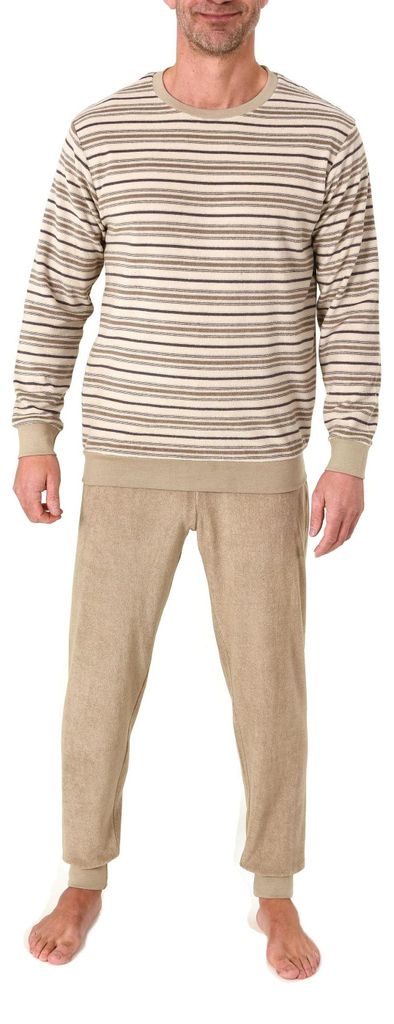Normann Herren Frottee Schlafanzug lang mit Bündchen - auch in Übergrößen – Streifenoptik ; beige , 56